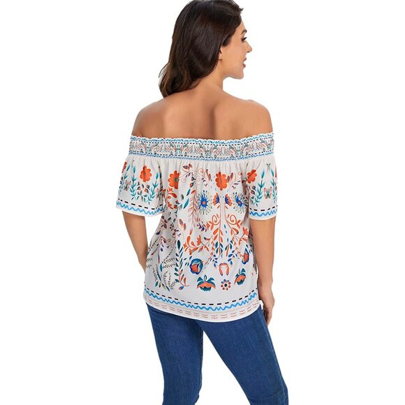 ๐ 2/$20 ๐ Off Shoulder Elbow Length Sleeve Boho Floral Blouse sz XS - Picture 5 of 6